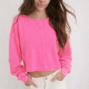 AERIE | Beach Party Cropped Crewneck Lightweight Sweatshirt Hot Pink